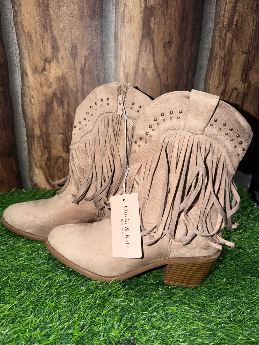 Olivia & Kate Taupe Fringe Suede Heeled Western Boots